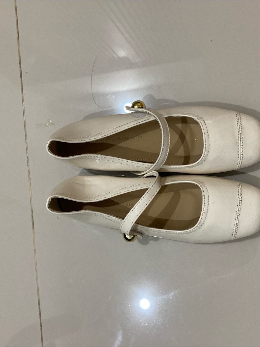 Women’s Cream Mary Jane Flats with Gold Button Accent
